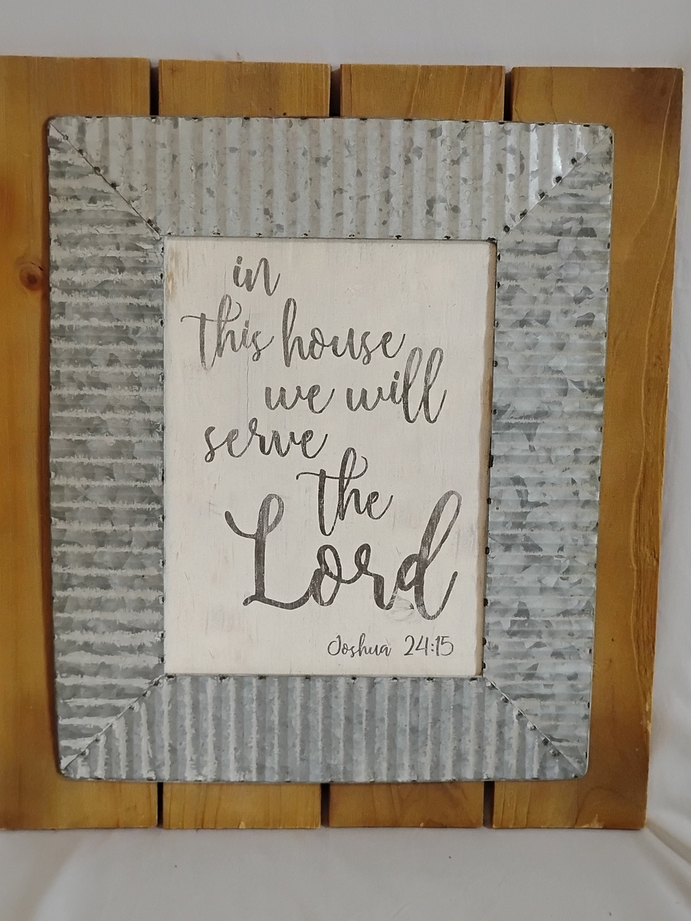 Rustic Galvanized Frame Wall Art - Cream & Silver Joshua 24:15
